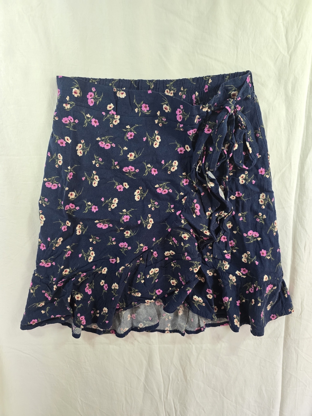Ultra Flirt Navy Floral Ruffle Wrap Skirt with Pink and Cream Blossoms